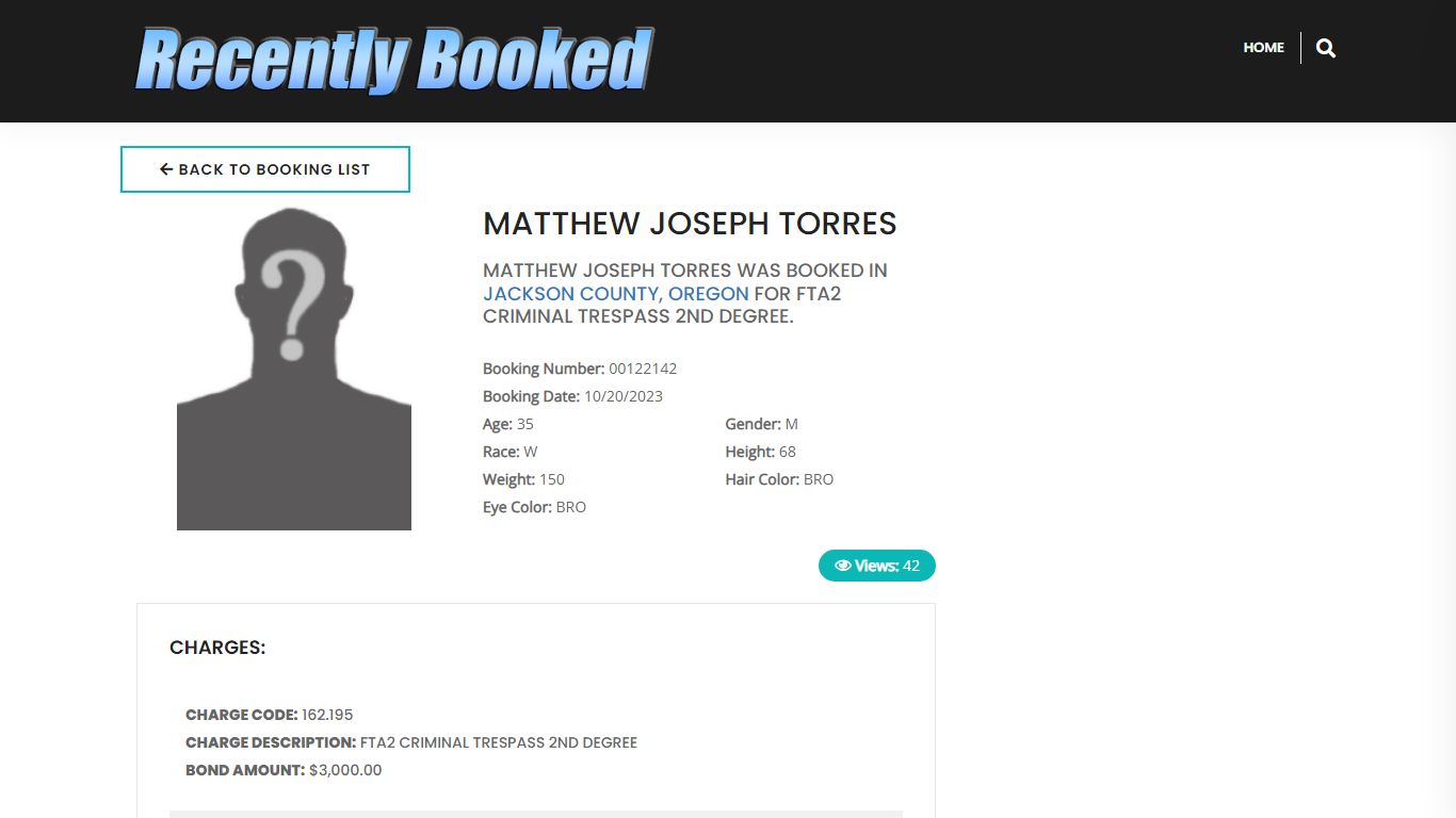 Recent Booking / Mugshot for MATTHEW JOSEPH TORRES in Jackson County ...